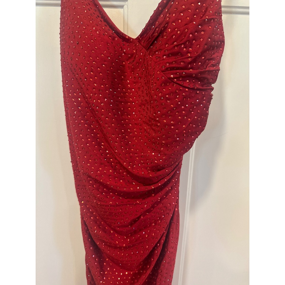 Ruby Red Rhinestone Ruched Prom Dress High Slit Formal Evening Gown Size 8 - Picture 3 of 7